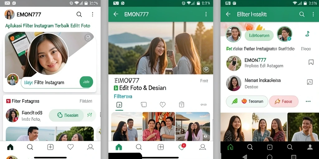 Antarmuka EMON777 dengan berbagai pilihan filter Instagram.