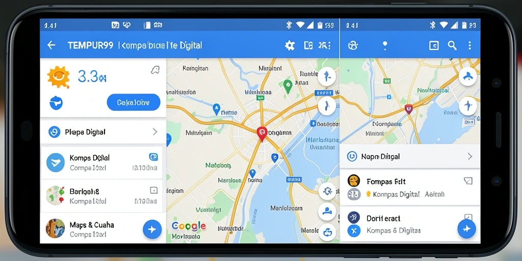 Antarmuka TEMPUR99 menunjukkan peta dan fungsi kompas digital.